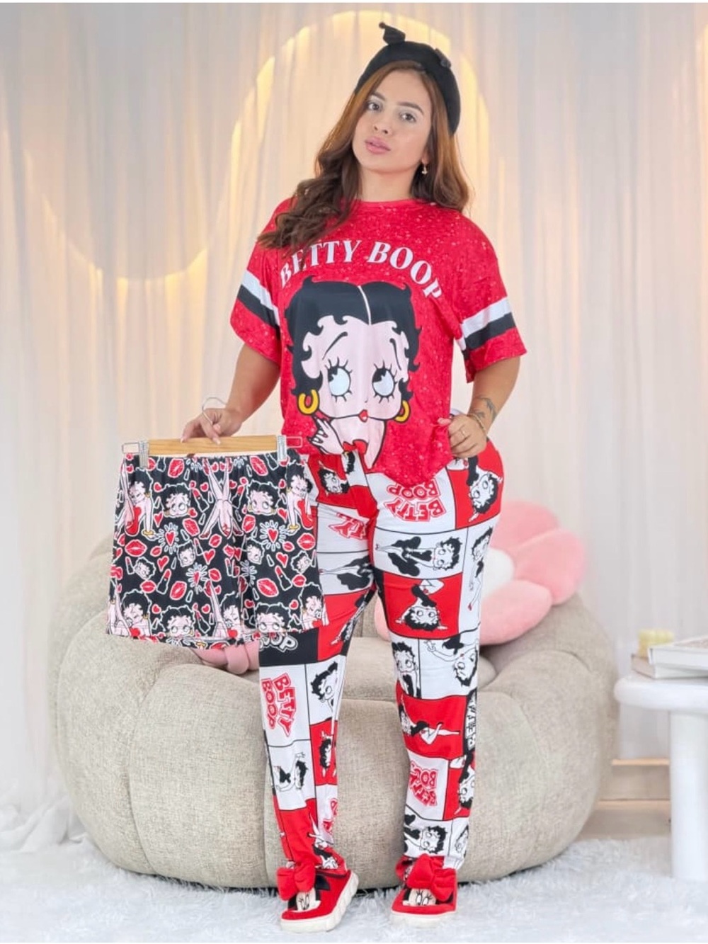 Betty Boop Red Pajama Set of 3 Pieces for women one size. Fit size S-XL 🇨🇴